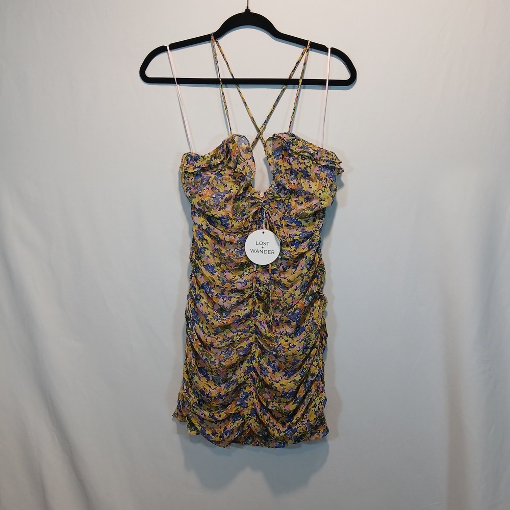 NWT Lost + Wander prairie print mini dress S floral ruched ruffle boho fairy